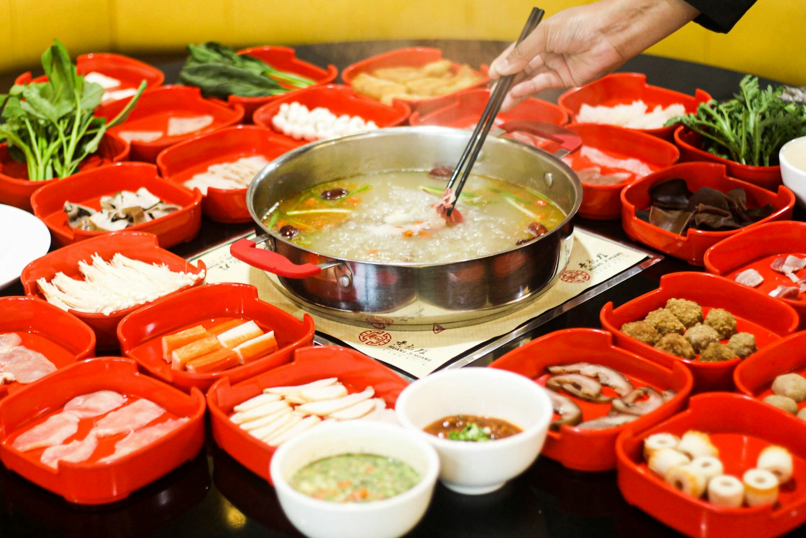 Sichuan hot pot with many side dishes