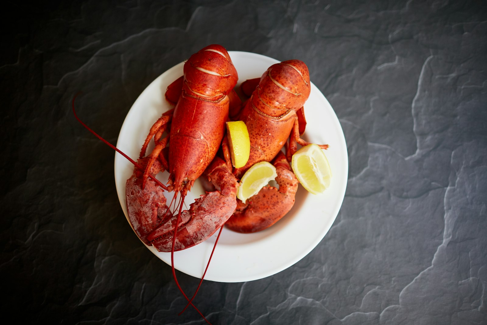 a whole red New England steamed lobster with lemon