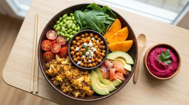 Filling salads: colorful power bowl with chickpeas, avocado, salmon and cauliflower