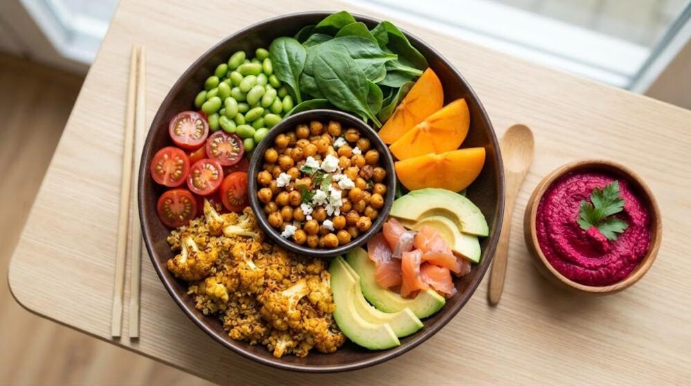 Filling salads: colorful power bowl with chickpeas, avocado, salmon and cauliflower