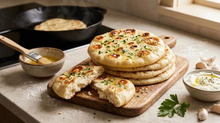 Flatbread recipes: stack of homemade yogurt flatbreads brushed with garlic butter