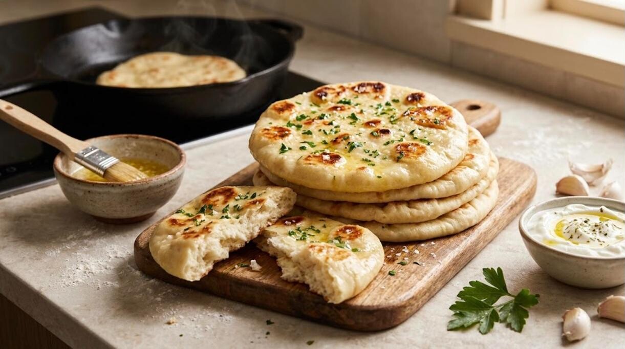 Flatbread recipes: stack of homemade yogurt flatbreads brushed with garlic butter