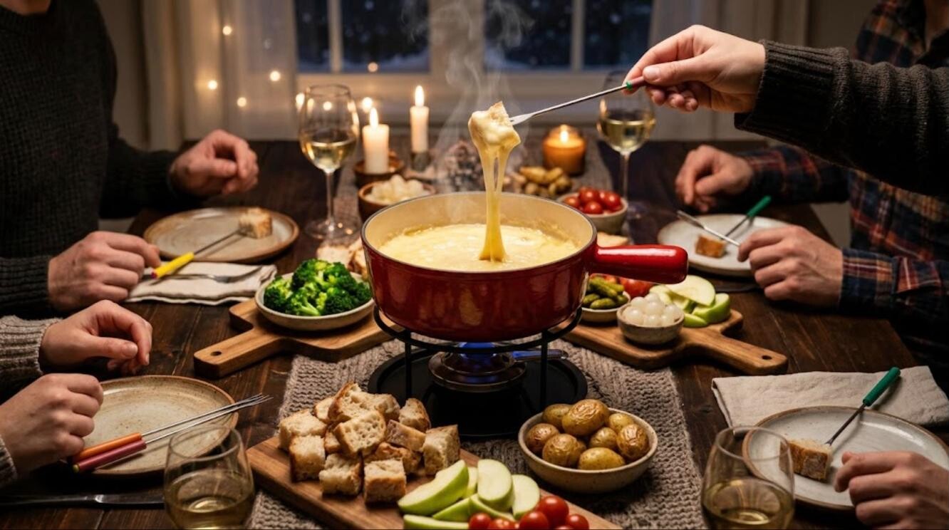 Classic Swiss fondue party with bread lifted from a pot of melted cheese
