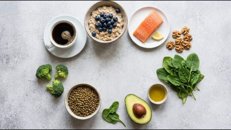 Foods for liver health: coffee, oatmeal with blueberries, salmon, walnuts, spinach, olive oil, avocado, lentils and broccoli