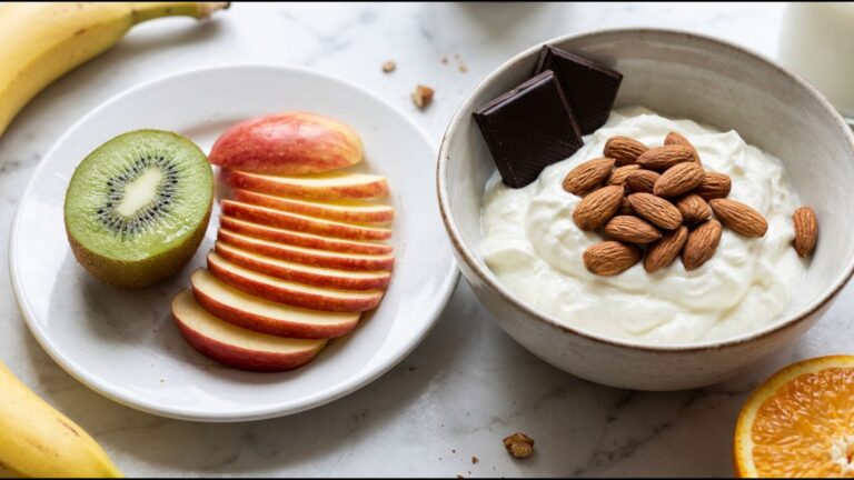 Foods to eat every day: kiwi, apple slices, Greek yogurt with almonds and dark chocolate