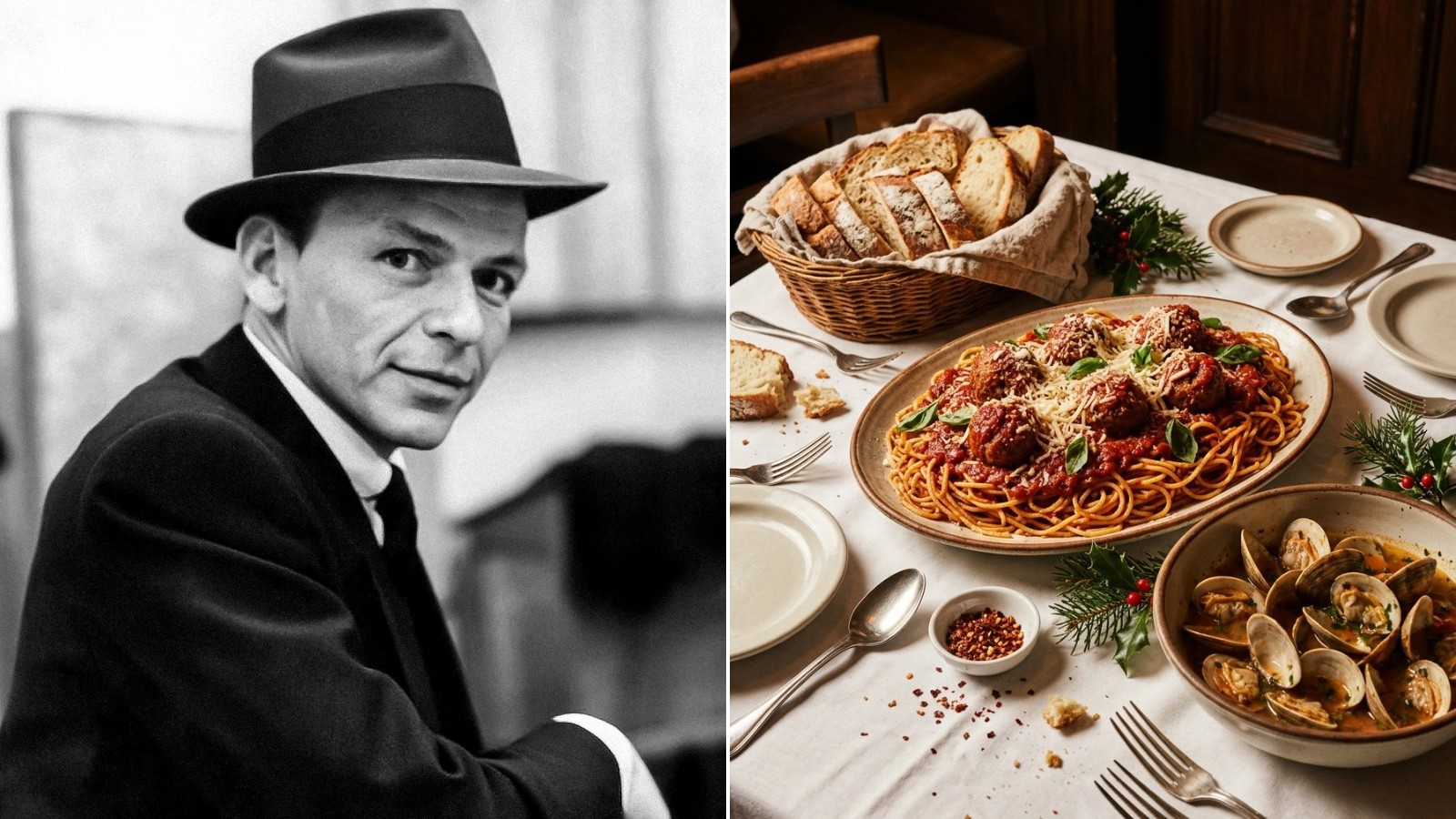 Frank Sinatra next to a table of spaghetti and meatballs and clams in tomato sauce, a feast of Frank Sinatra recipes