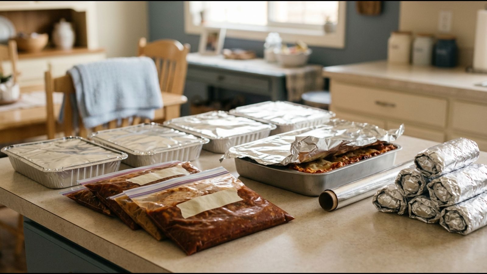 Freezer meals for new moms: foil pans, freezer bags of chili and wrapped burritos on a kitchen counter