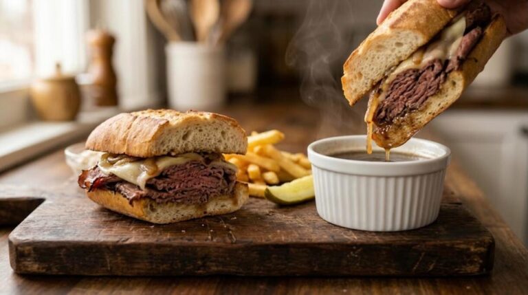 Hot sandwiches: French dip roast beef sandwich with au jus