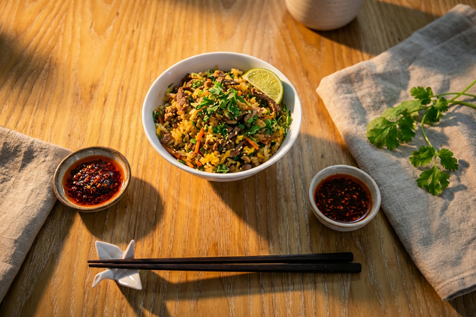 Fried rice in a bowl with sauces