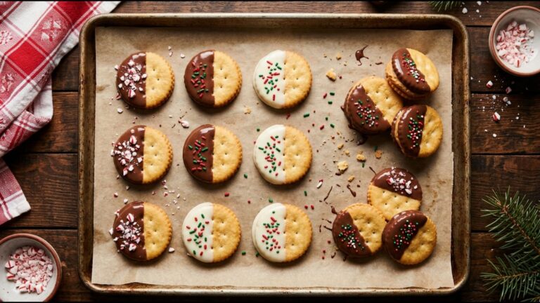 Fudge covered crackers dipped in milk and white chocolate with peppermint and sprinkles on a baking sheet