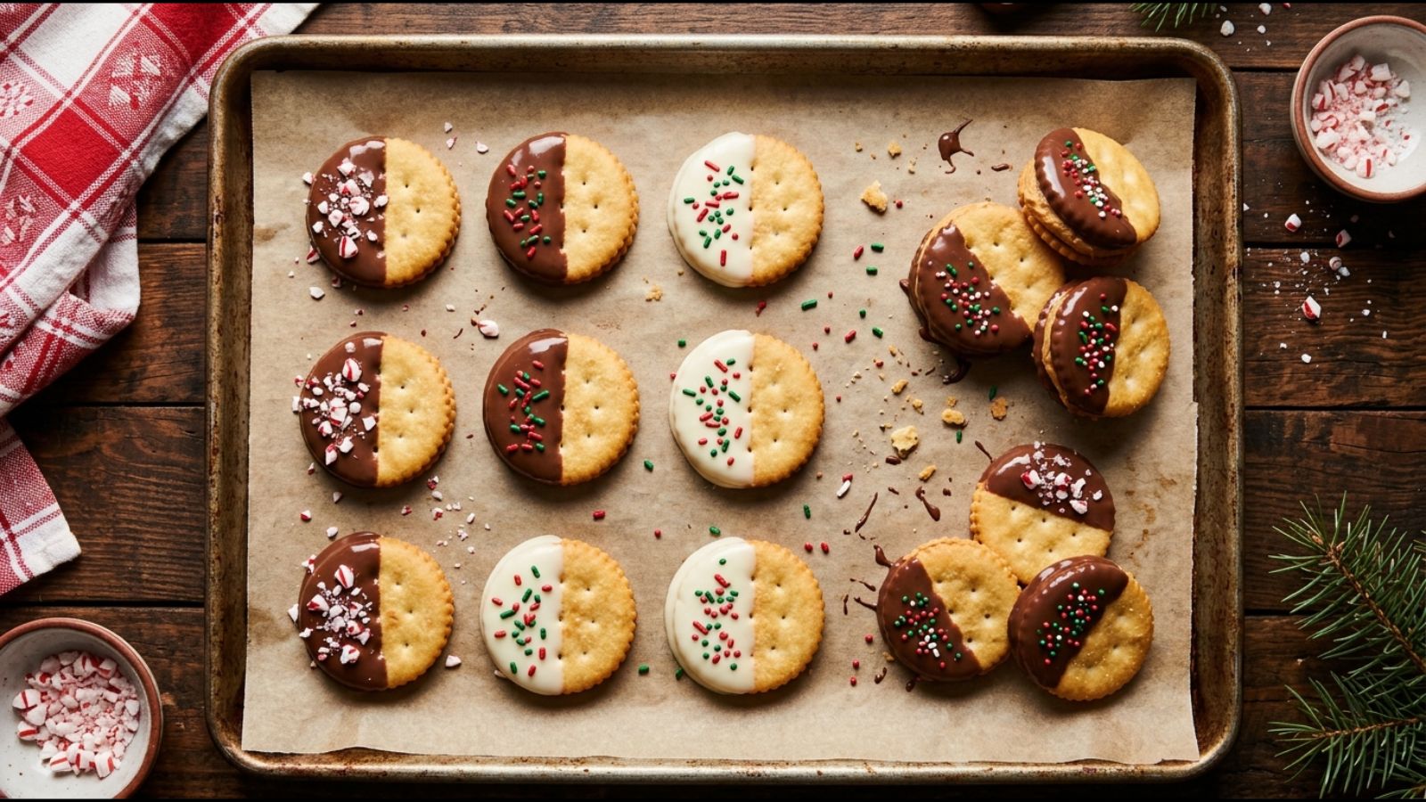 Fudge covered crackers dipped in milk and white chocolate with peppermint and sprinkles on a baking sheet