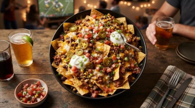 Game day snacks: big bowl of loaded nachos with cheese, jalapenos and sour cream