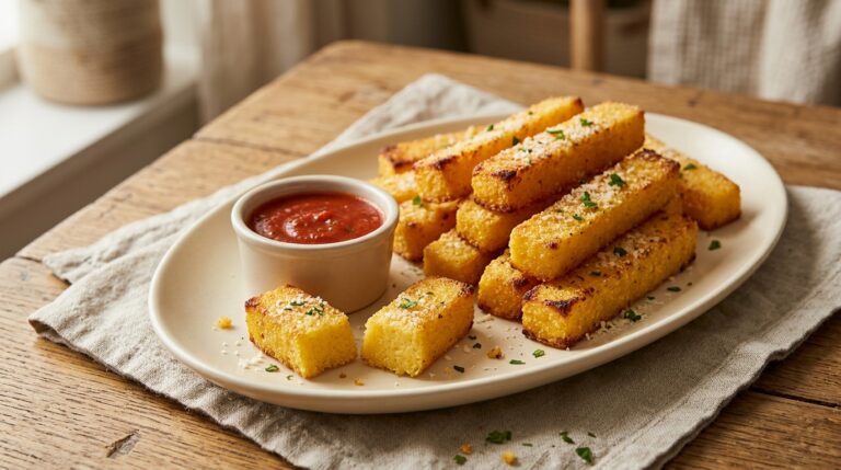 Polenta recipes with golden garlic Parmesan fries and marinara on a cream platter