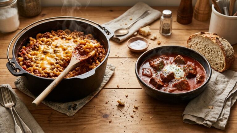 Goulash recipes: American macaroni goulash in a Dutch oven next to a bowl of Hungarian beef goulash