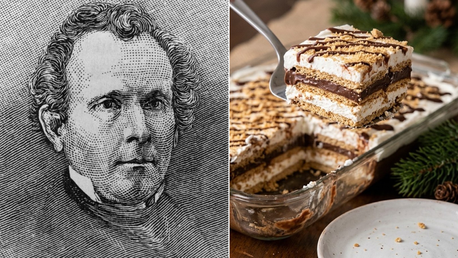 Graham cracker desserts: portrait of Sylvester Graham beside a slice of layered no-bake icebox cake