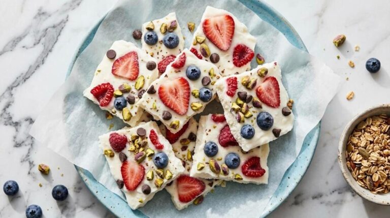 Frozen Greek yogurt bark with strawberries, blueberries and pistachios