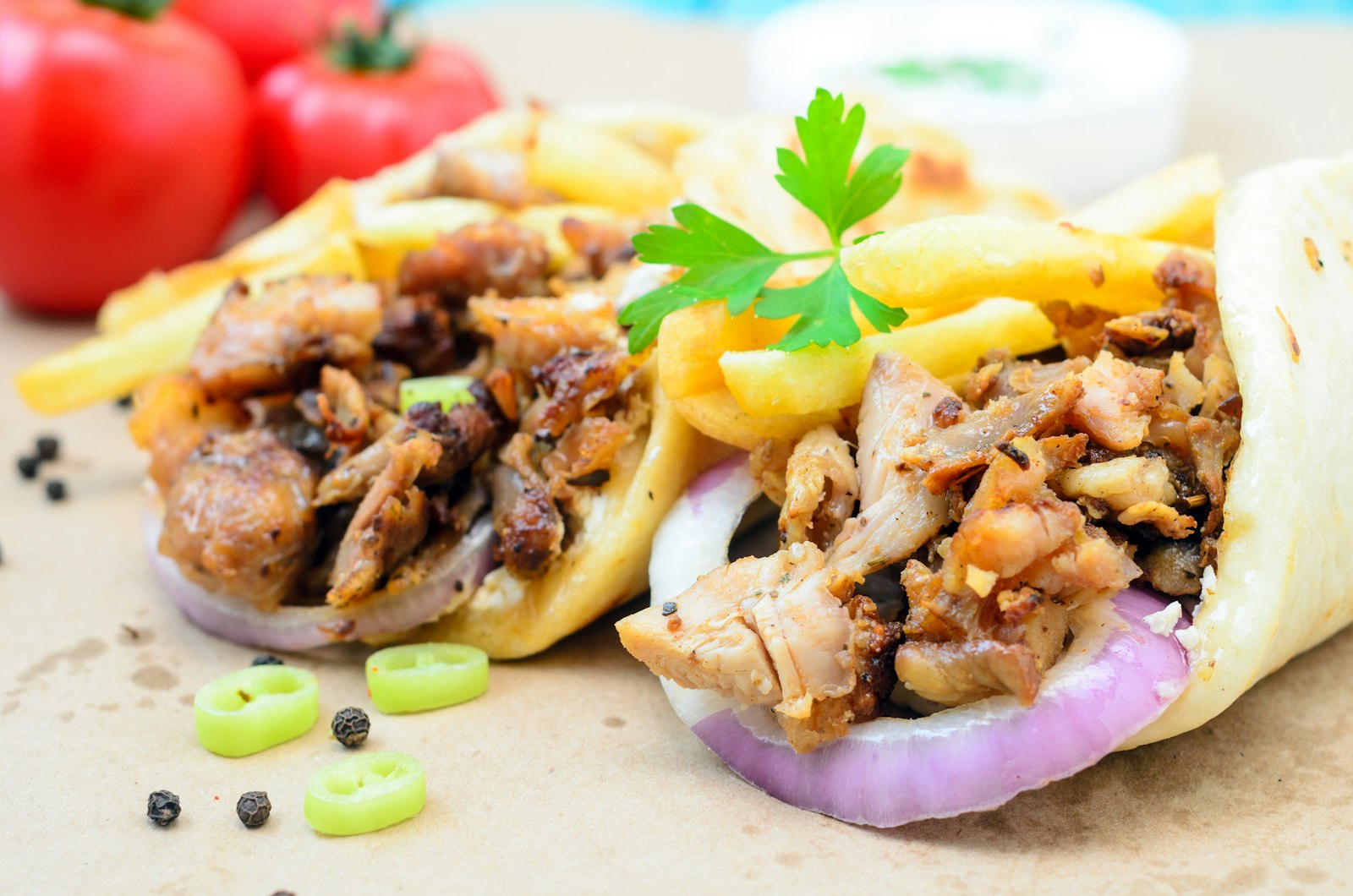 Chicken gyro wrap with fries