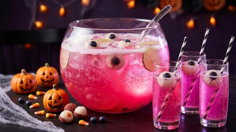 Halloween drinks: pink potion punch with lychee and blueberry eyeballs