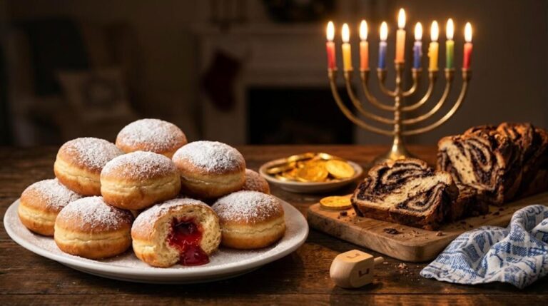 Hanukkah desserts: sufganiyot and chocolate babka by a lit menorah