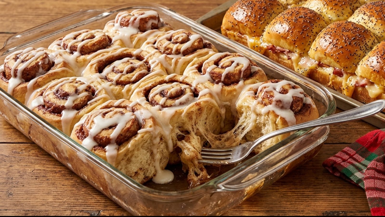 Hawaiian roll hacks: a pan of sweet roll cinnamon rolls with icing next to baked ham and cheese party rolls