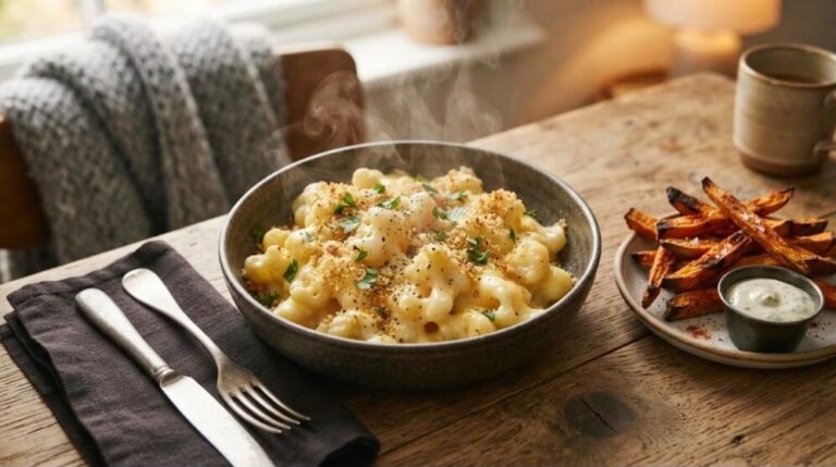 Healthy comfort food: cauliflower mac and cheese with baked sweet potato fries