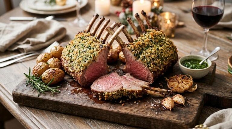 Lamb dinners: herb crusted rack of lamb sliced on a board