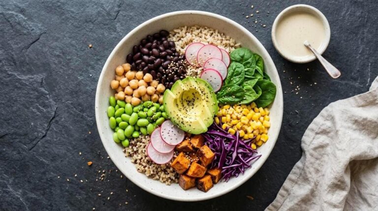 High fiber foods in a grain bowl with black beans, chickpeas, edamame, avocado and sweet potato