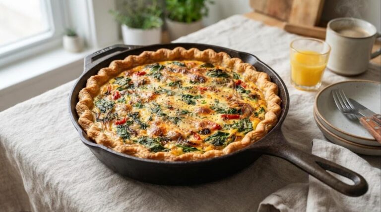 High protein breakfast: spinach and egg breakfast skillet with a golden crust