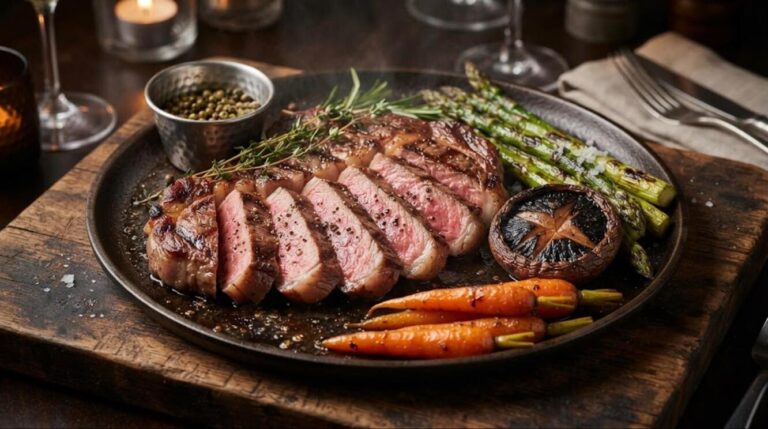 High protein dinners: sliced steak with asparagus, mushroom and carrots in a skillet
