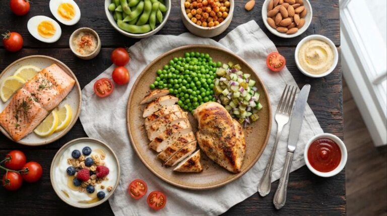 High protein foods: chicken, salmon, eggs, yogurt and chickpeas on a table
