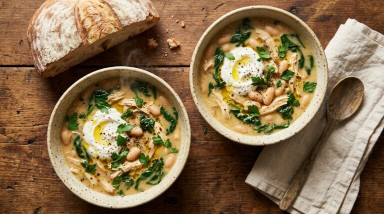 High protein soup with chicken, white beans, spinach and Greek yogurt in two bowls
