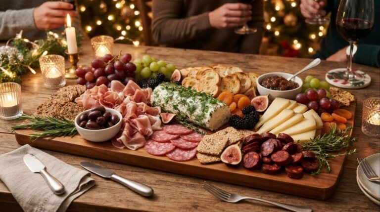 Holiday appetizers: festive charcuterie and cheese spread on a wooden table
