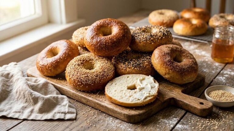 Homemade bagels with sesame and everything seasoning on a wooden board