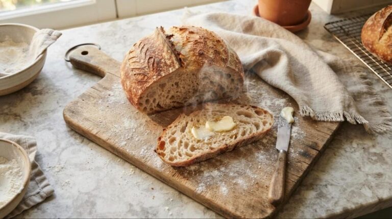 Homemade bread: crusty sourdough loaf with a buttered slice