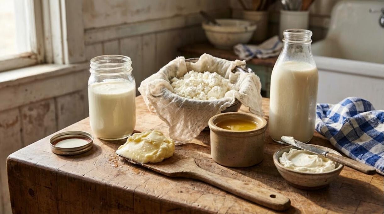 Homemade butter on a wooden paddle beside a jar of cream, ricotta and ghee in a farmhouse kitchen