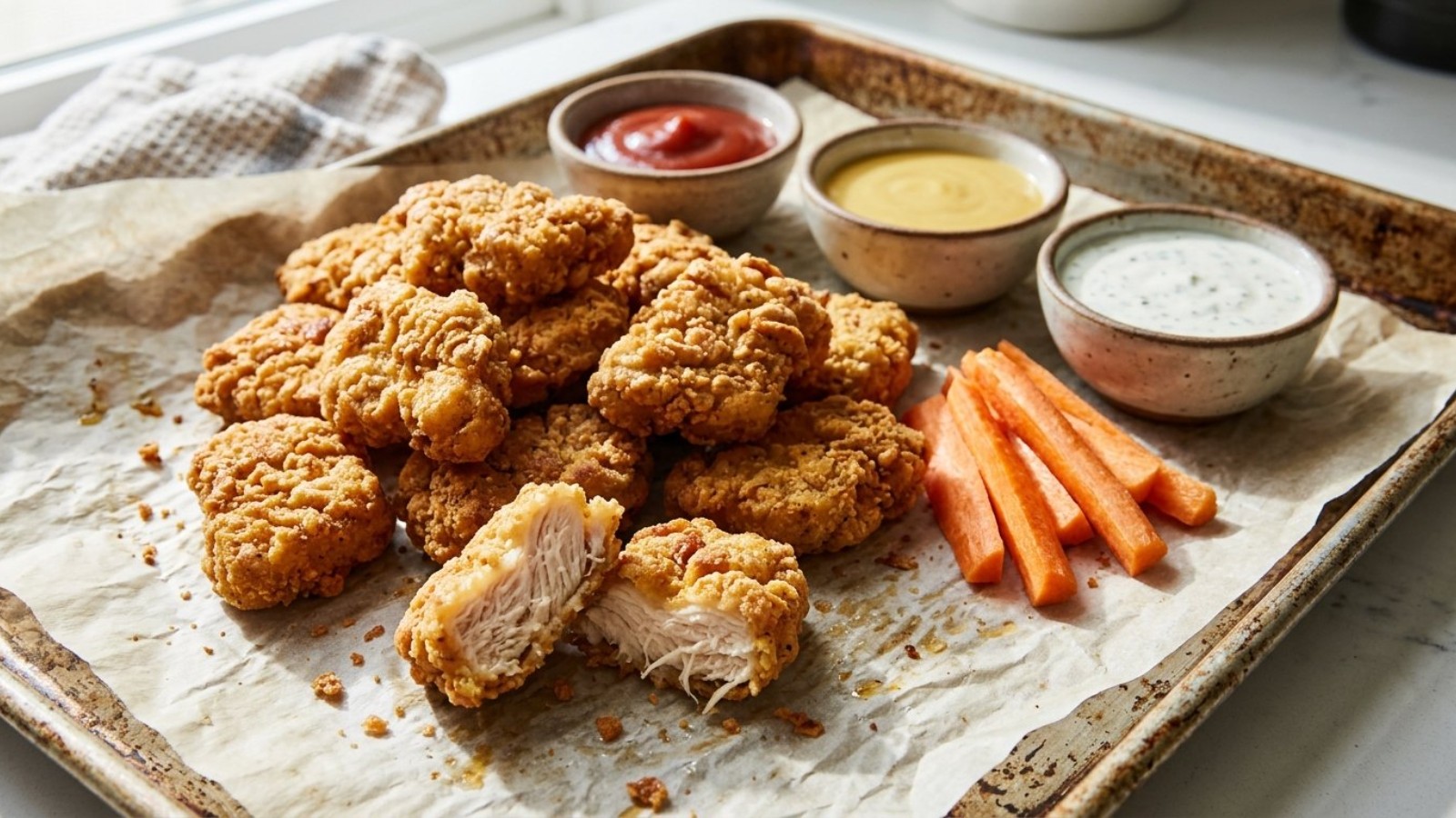 Homemade chicken nuggets on a sheet pan with ketchup, honey mustard and ranch