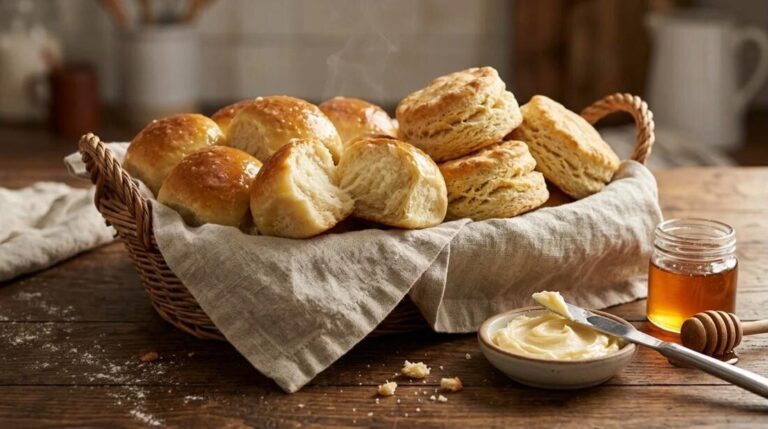 Homemade dinner rolls and buttermilk biscuits in a linen lined basket with butter and honey