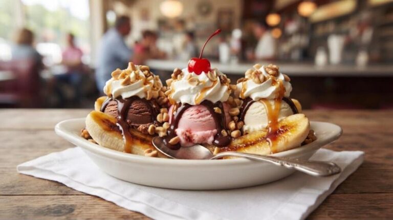Ice cream desserts: classic banana split with hot fudge and whipped cream