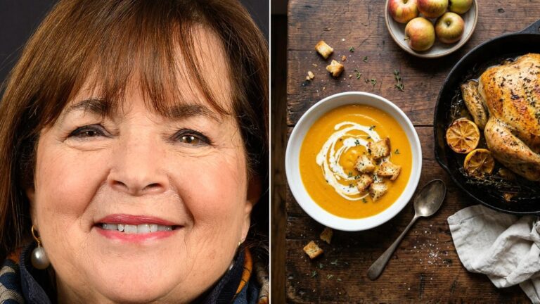Ina Garten beside a bowl of butternut squash soup and a golden roast chicken