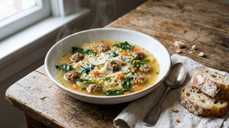 Italian wedding soup with tiny meatballs, acini di pepe, spinach and shaved Parmesan