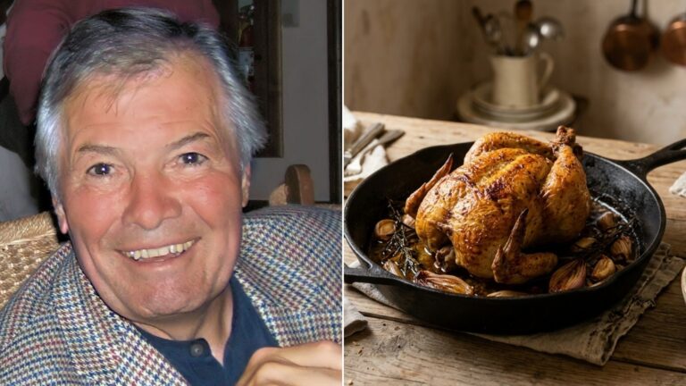 Jacques Pepin next to a golden roast chicken in a cast iron skillet, the first of our Jacques Pepin recipes