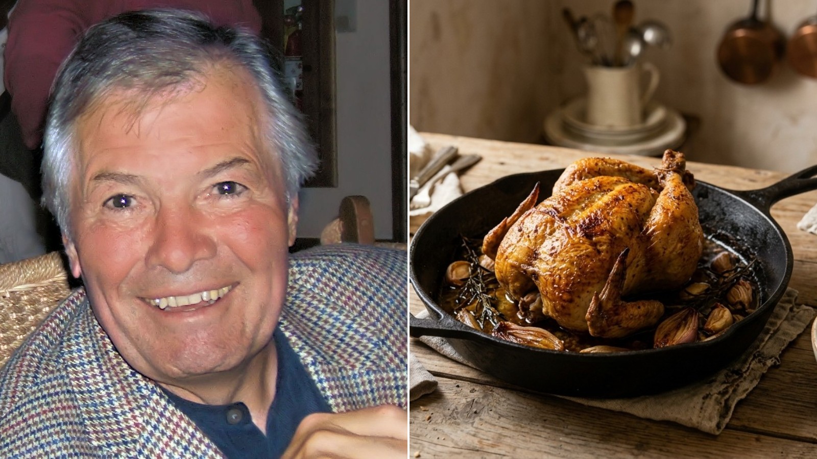 Jacques Pepin next to a golden roast chicken in a cast iron skillet, the first of our Jacques Pepin recipes