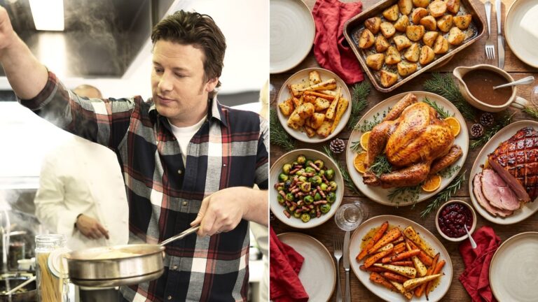 Jamie Oliver next to a festive holiday table with roast turkey, roast potatoes and ham for a Jamie Oliver Christmas dinner