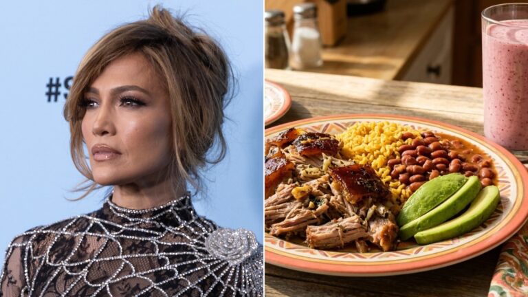 Jennifer Lopez beside a plate of Puerto Rican pernil roast pork with rice and beans