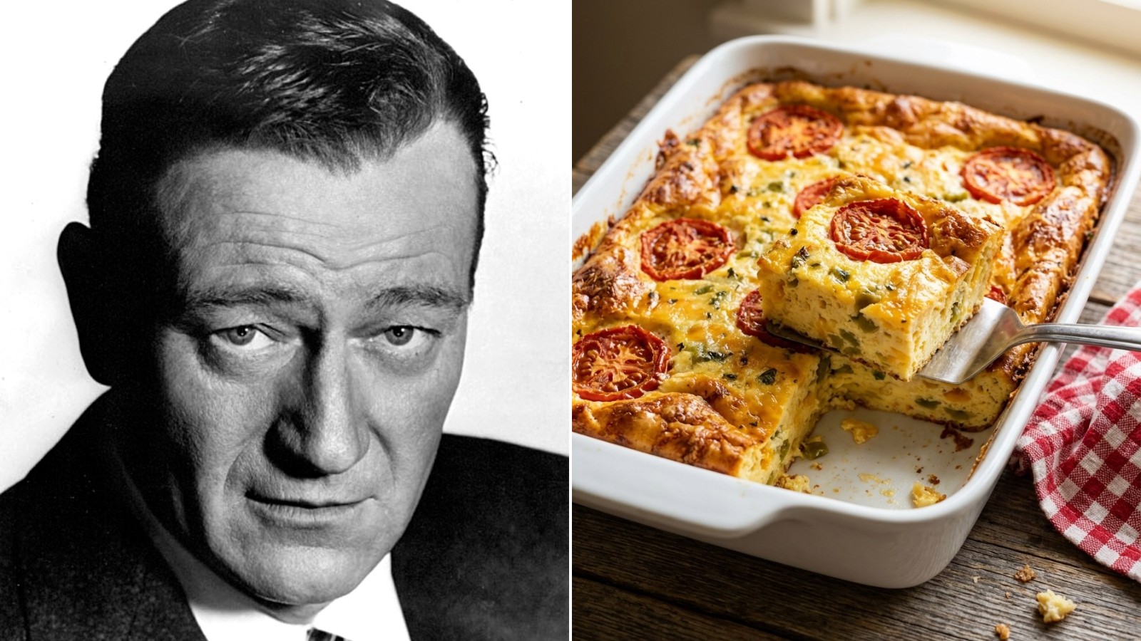 John Wayne next to a golden green chile and egg John Wayne Casserole with tomatoes on top