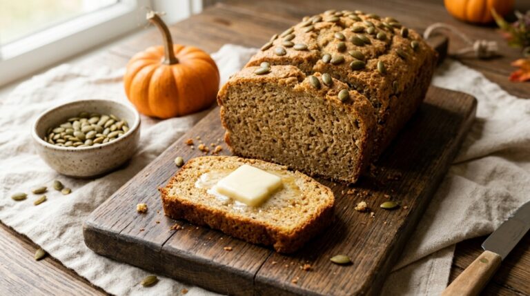 Keto bread loaf made with almond flour, sliced on a board with butter and pumpkin seeds