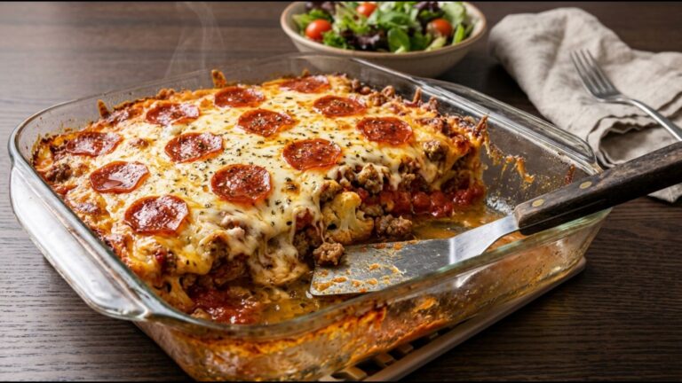 Keto casseroles: bubbling pizza casserole with pepperoni, sausage and cauliflower