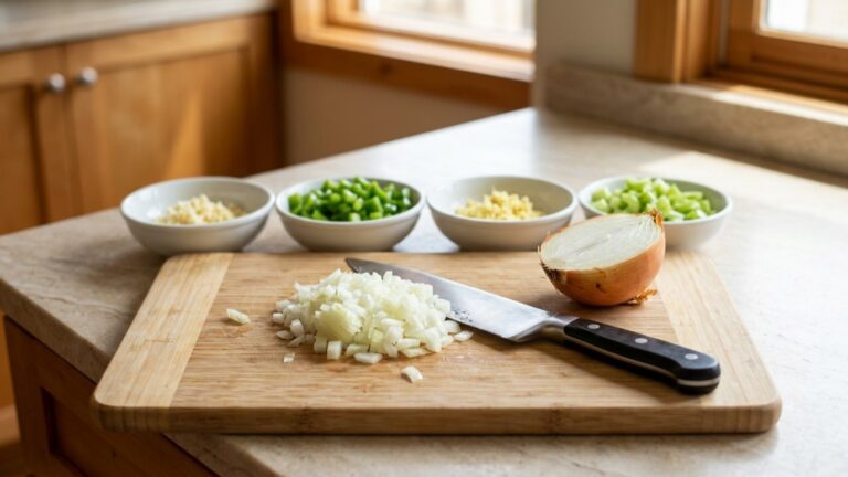 Knife skills: a chef's knife on a bamboo board with diced onion and small bowls of prepped garlic, pepper, ginger and celery