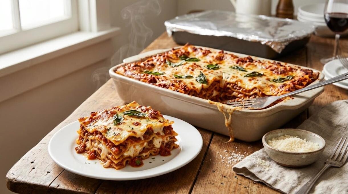 Freezer meals: classic make ahead lasagna with a slice cut out