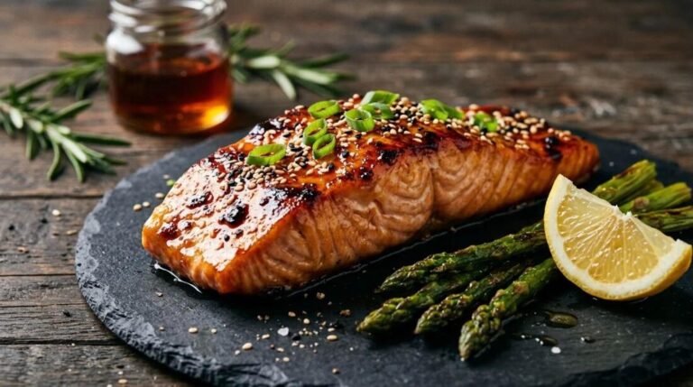 Maple glazed salmon fillet with asparagus and lemon on a slate plate